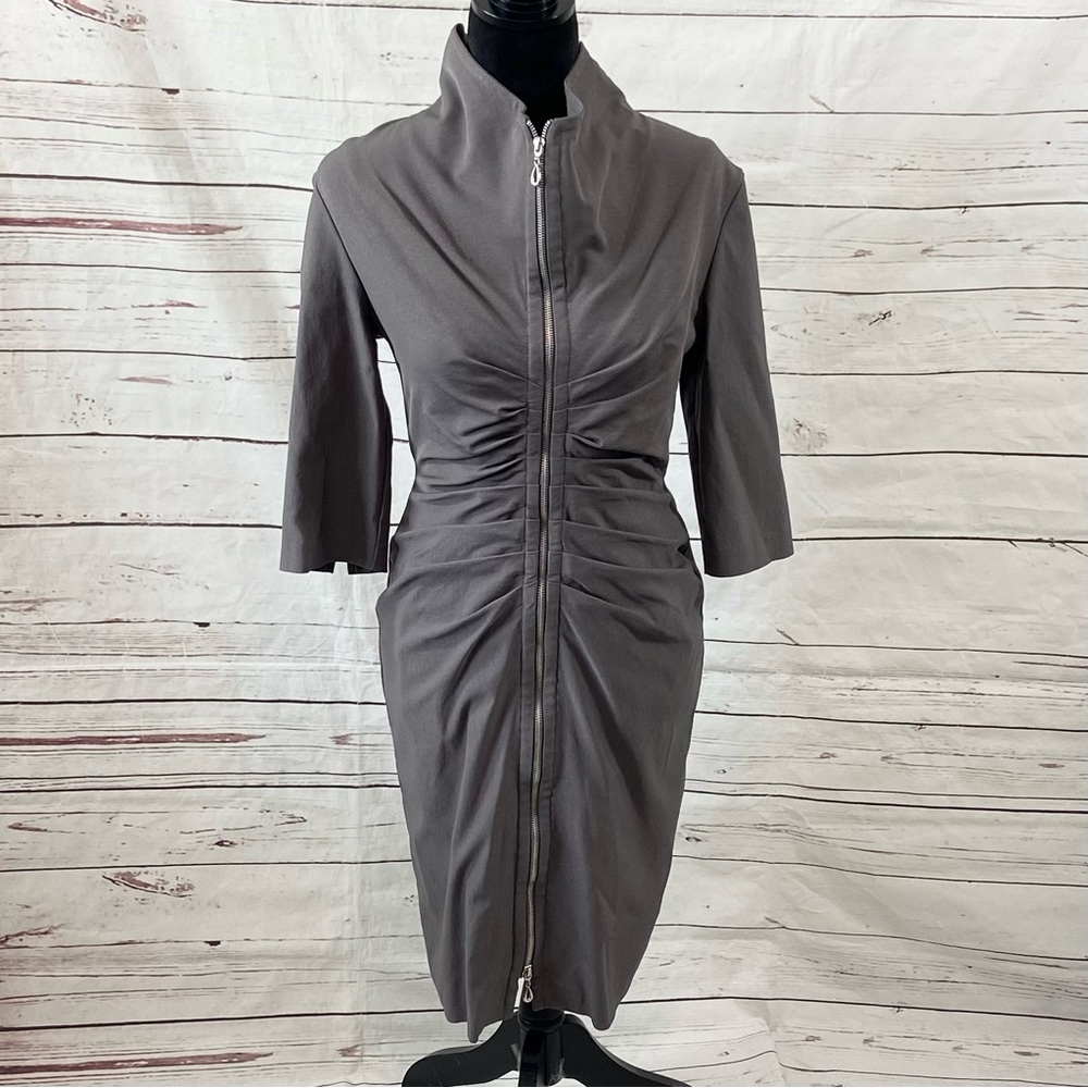 Joseph Ribkoff Shirt Dress Women’s 8 Gray Collared Full Zip Ruched